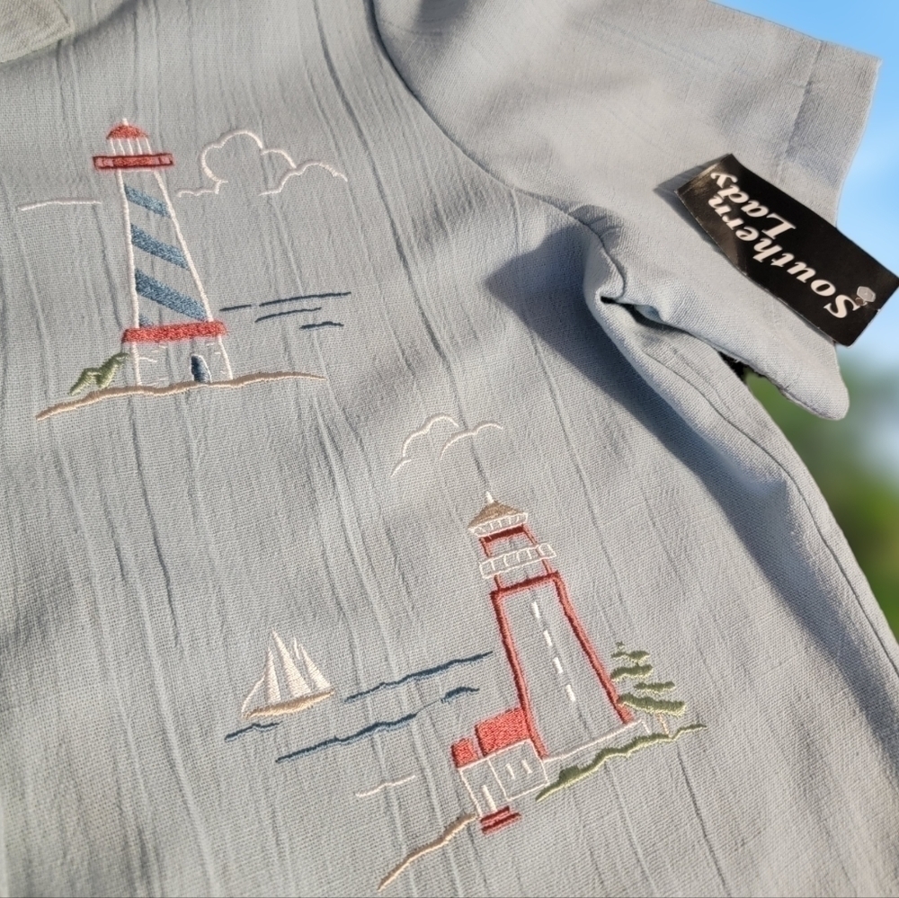 NWT Southern Lady Nautical Blue Shirt Size M Embordered Boats Lighthouses T35